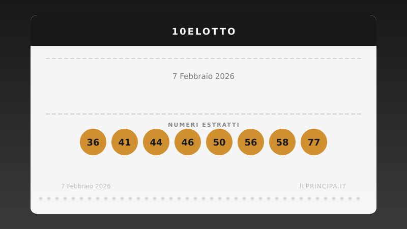 10eLotto 7 febbraio 2026: ecco i venti numeri estratti