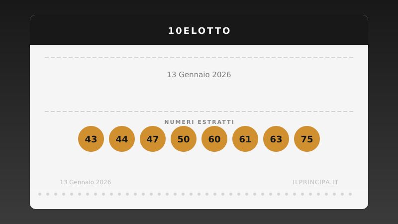 10eLotto 13 gennaio 2026: ecco i venti numeri estratti