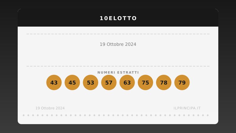 10eLotto oggi 19/10/2024: tutti i numeri estratti