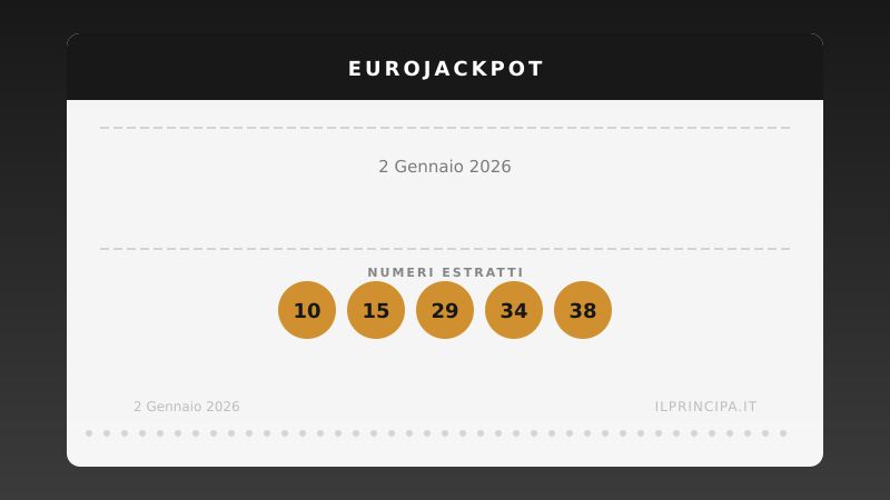 Numeri EuroJackpot 02/01/2026: estratti i cinque numeri e gli euronumeri