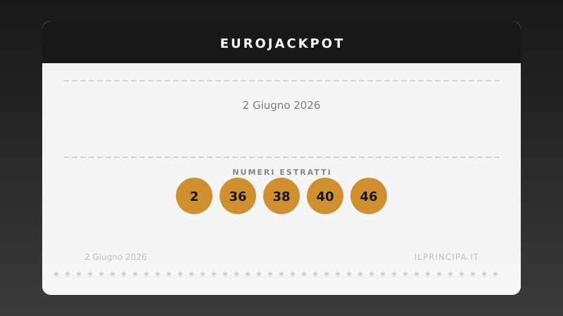 EuroJackpot 2 giugno 2026: ecco la combinazione estratta