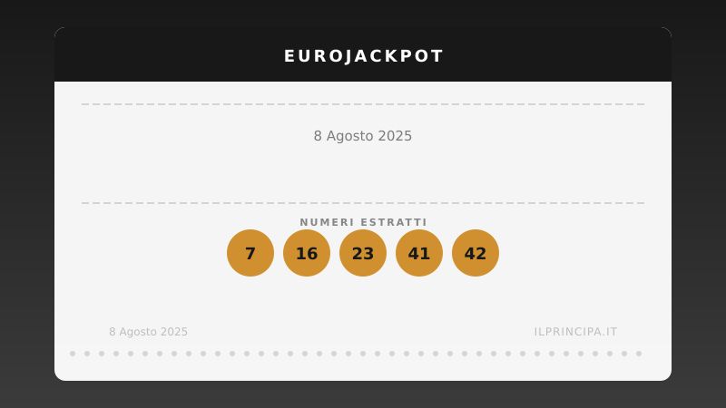EuroJackpot, estrazione del 8 agosto 2025: numeri vincenti ed euronumeri