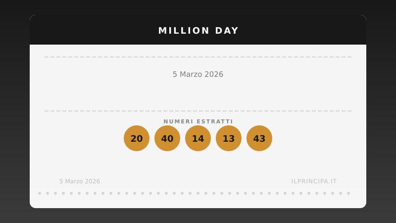 5 marzo 2026 — Million Day: ecco i cinque numeri vincenti