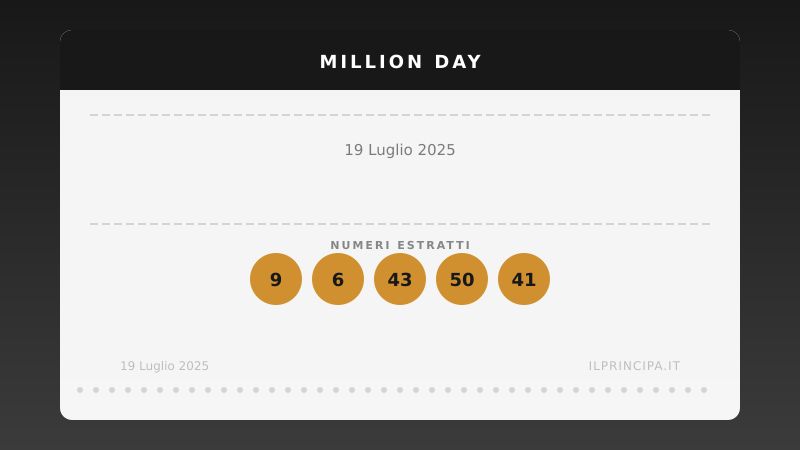 Million Day, estrazione del 19 luglio 2025: i cinque numeri vincenti