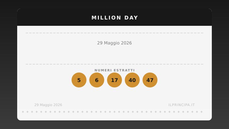 Million Day 29 maggio 2026: ecco la combinazione estratta oggi
