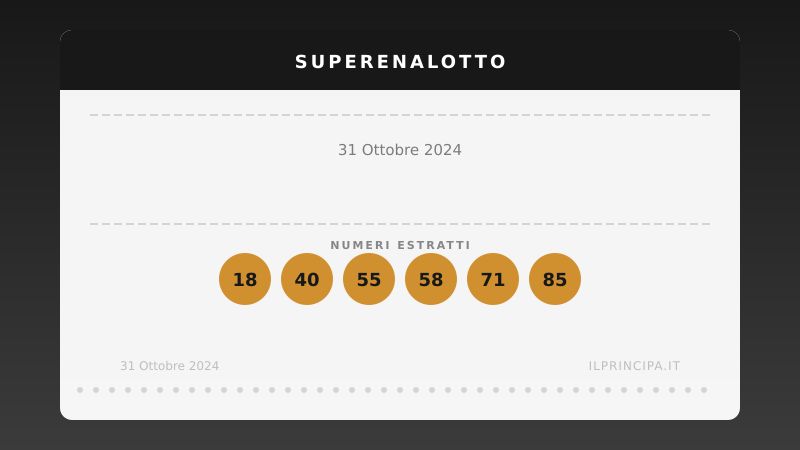 SuperEnalotto, giovedì 31/10/2024: annunciati i numeri del concorso