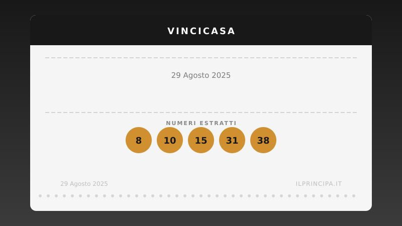29 agosto 2025: VinciCasa, i numeri che valgono una casa